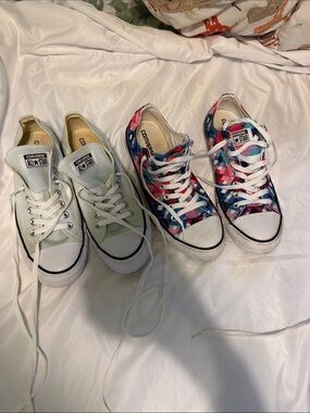 Converse White Low Top Sneakers & Multicolor Geometric Pair